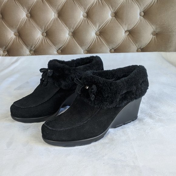JOHNSTON & MURPHY Suede Shearling Mules Wedges 7M - Picture 1 of 12
